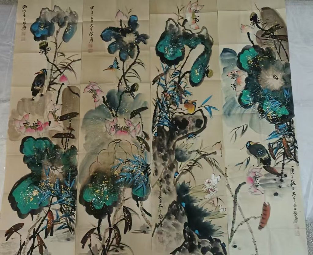 图片[1]-张大千《花鸟图》四条屏-嘉诚艺术