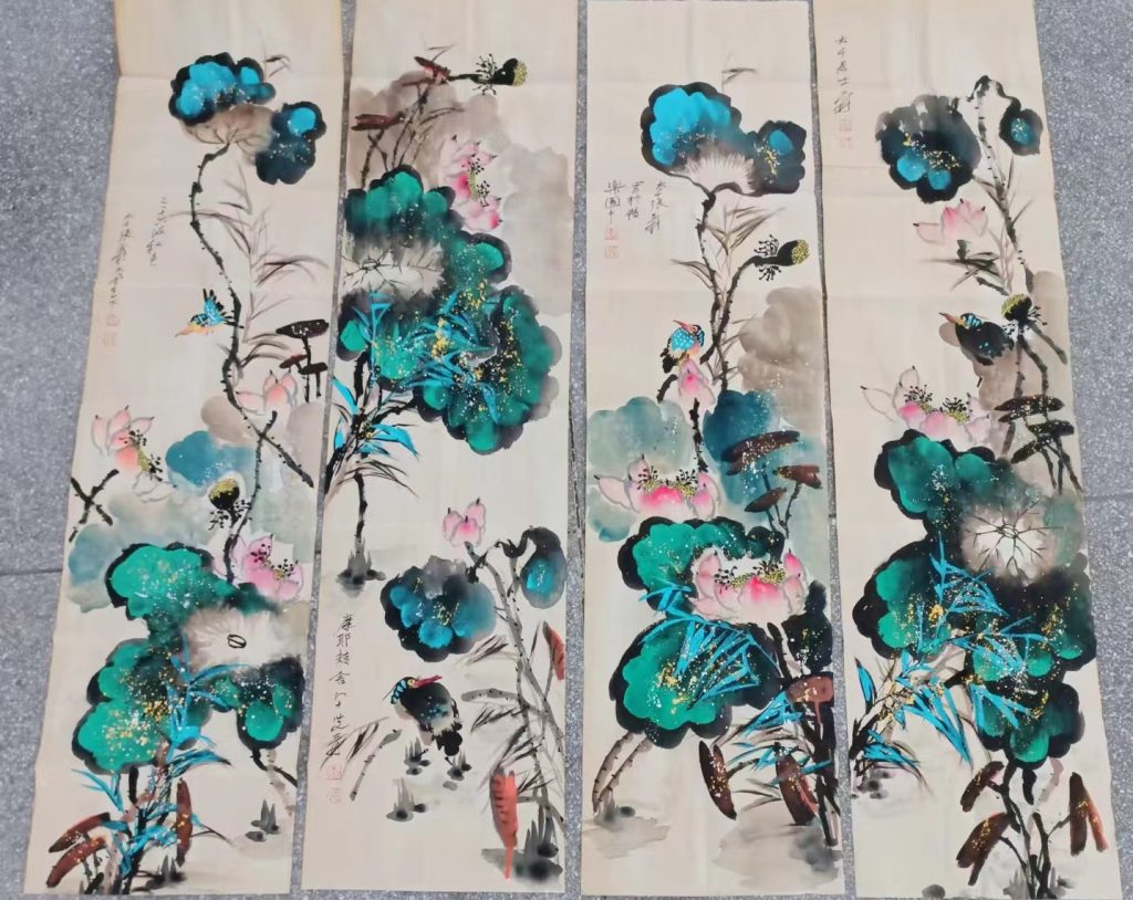 图片[1]-张大千《重彩荷花图 》四条屏-嘉诚艺术