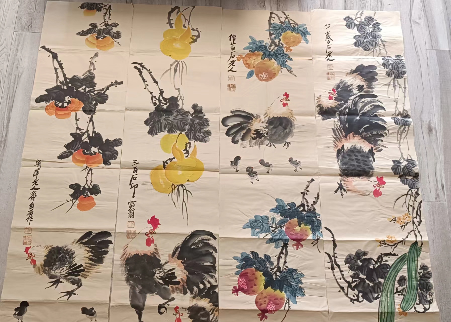 齐白石《大鸡图》四条屏