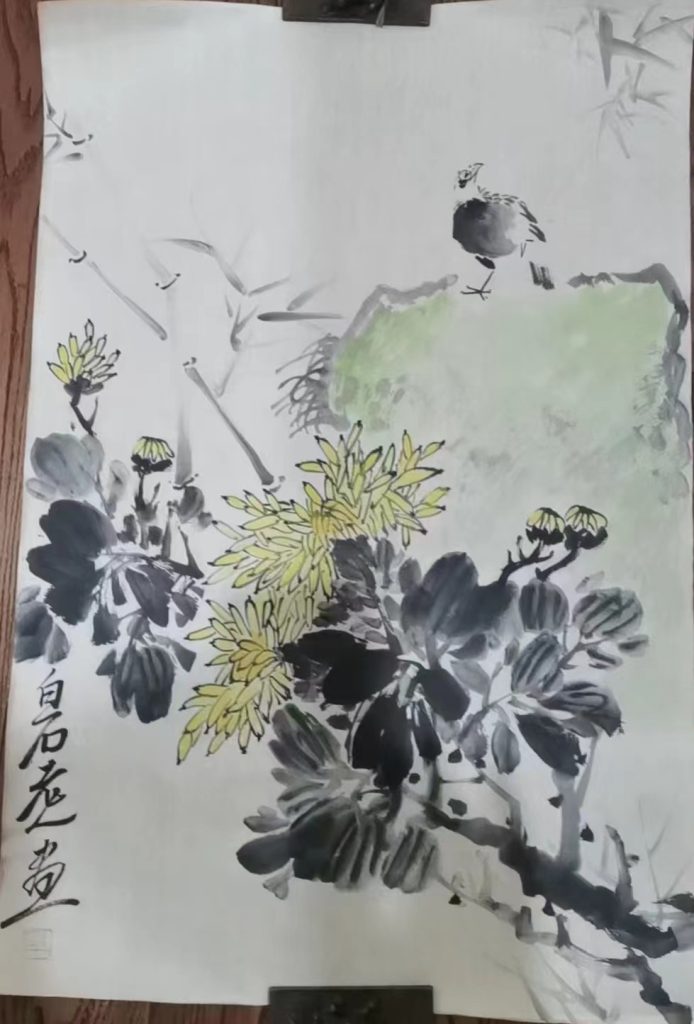 图片[1]-齐白石《菊花雄鸡图》-嘉诚艺术