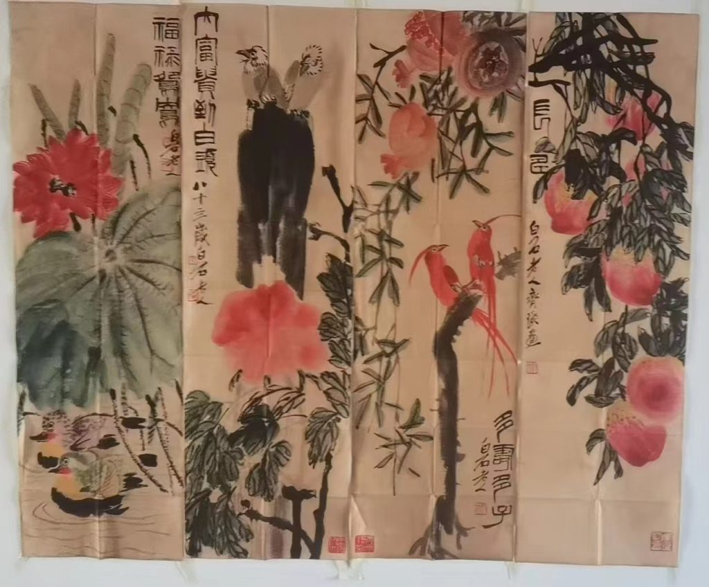 图片[1]-齐白石《花鸟寿桃》四条屏-嘉诚艺术