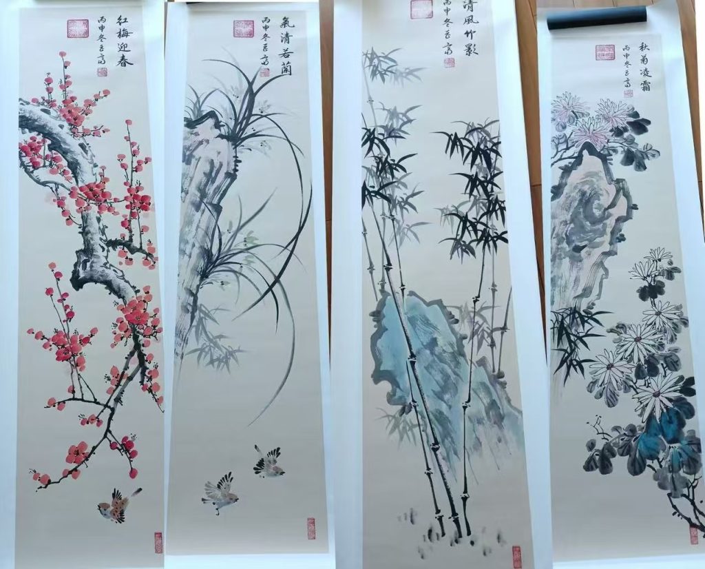 图片[1]-张巨富《梅兰竹菊》四条屏-嘉诚艺术