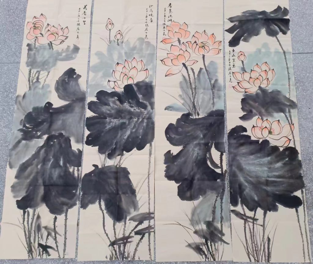 图片[1]-张大千《荷香清去图》四条屏-嘉诚艺术