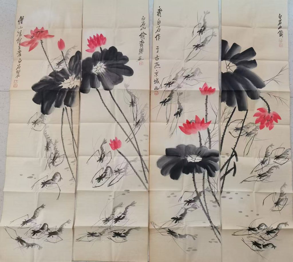 图片[1]-齐白石《荷香虾趣图》四条屏-嘉诚艺术