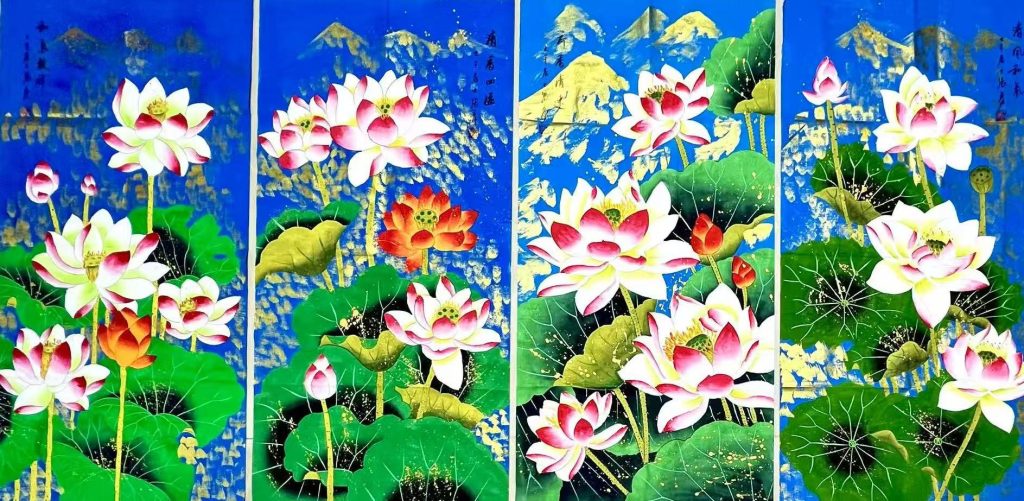 图片[1]-张大千《清香四溢》四条屏-嘉诚艺术