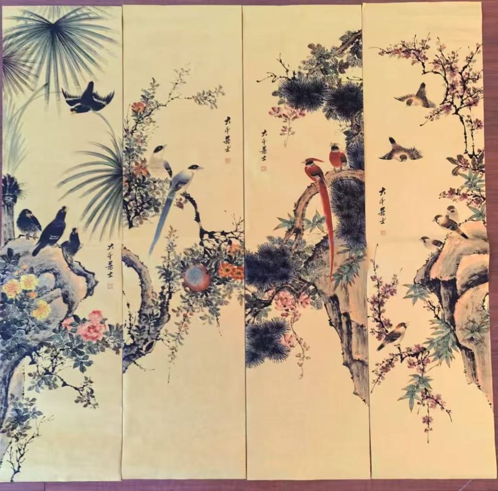 图片[1]-张大千《花鸟图》四条屏-嘉诚艺术