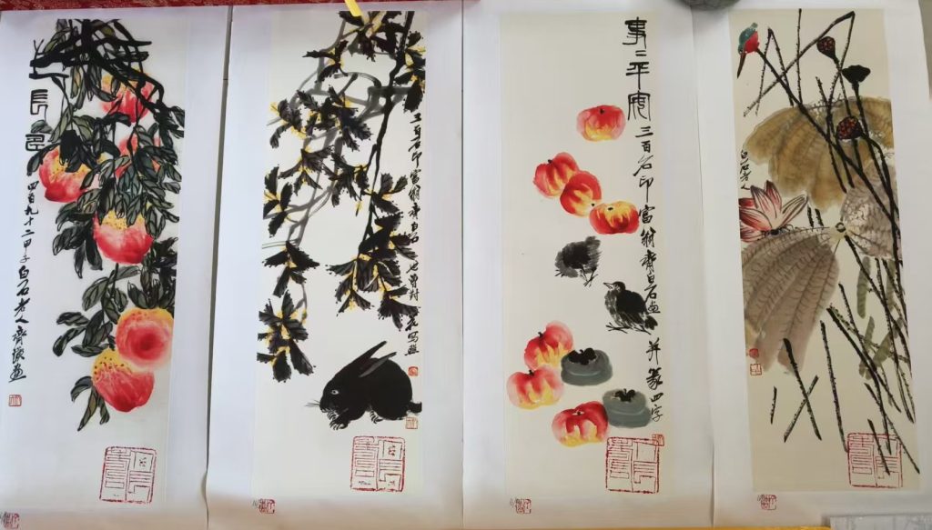 图片[1]-齐白石《花鸟图》四条屏-嘉诚艺术