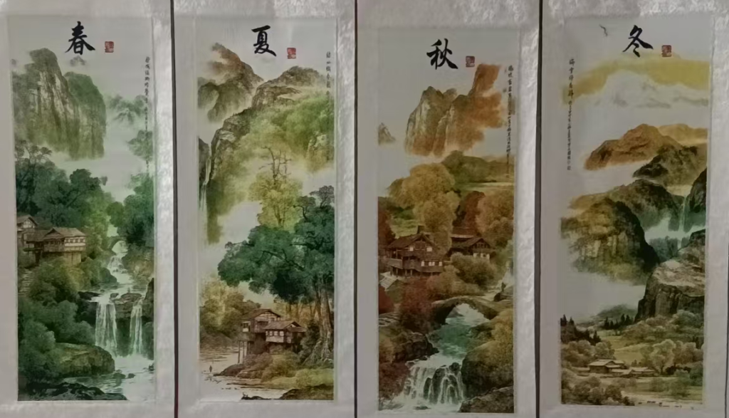图片[1]-刺绣《春夏秋冬》四条屏-嘉诚艺术