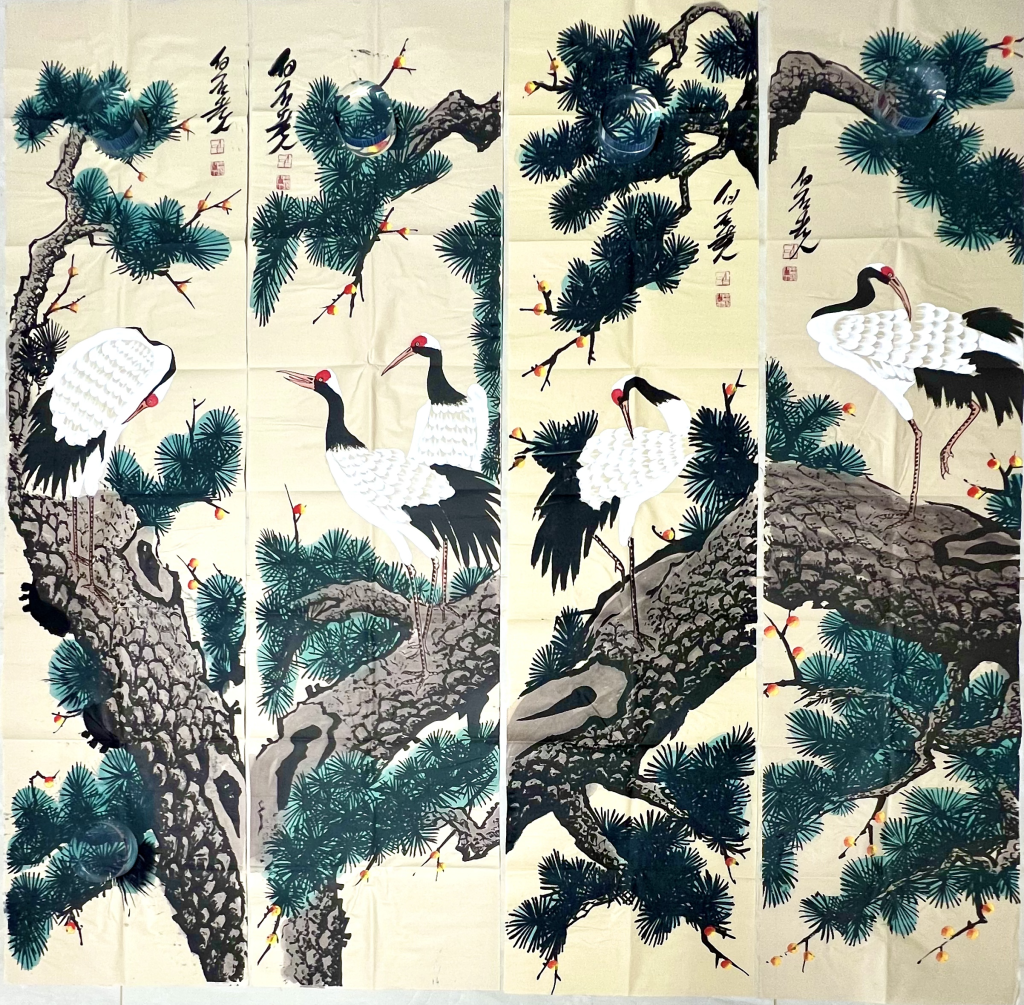 图片[1]-齐白石《松鹤延年》四条屏-嘉诚艺术