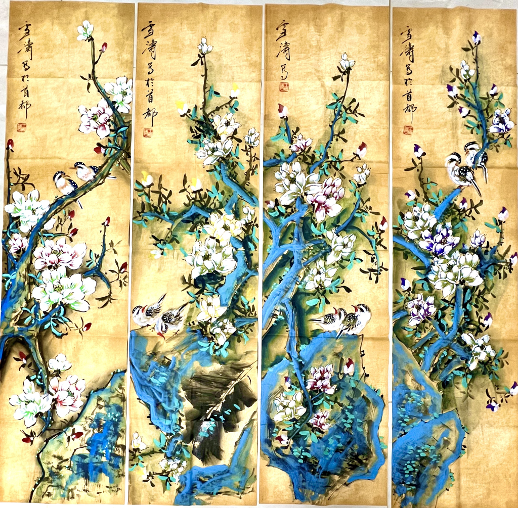 图片[1]-王雪涛《喜上眉梢》四条屏-嘉诚艺术