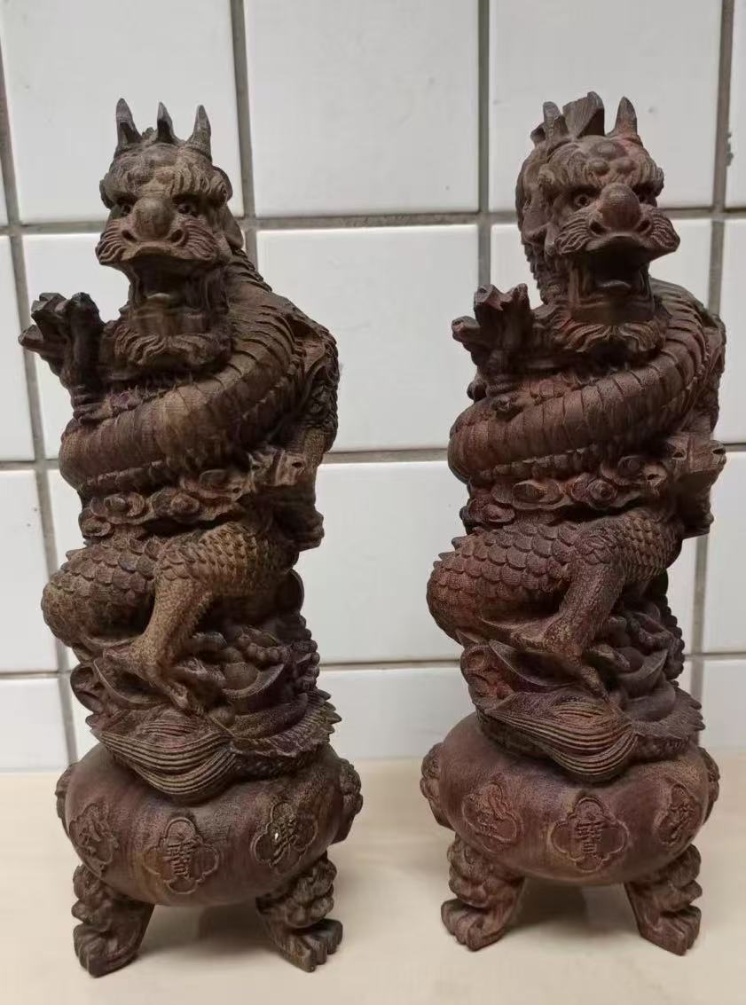沉香木雕刻《龙盘柱》摆件一对-嘉诚艺术
