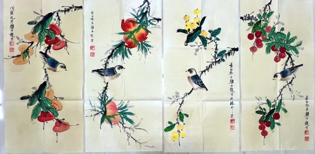 图片[1]-颜伯龙《花鸟四屏》四条屏-嘉诚艺术