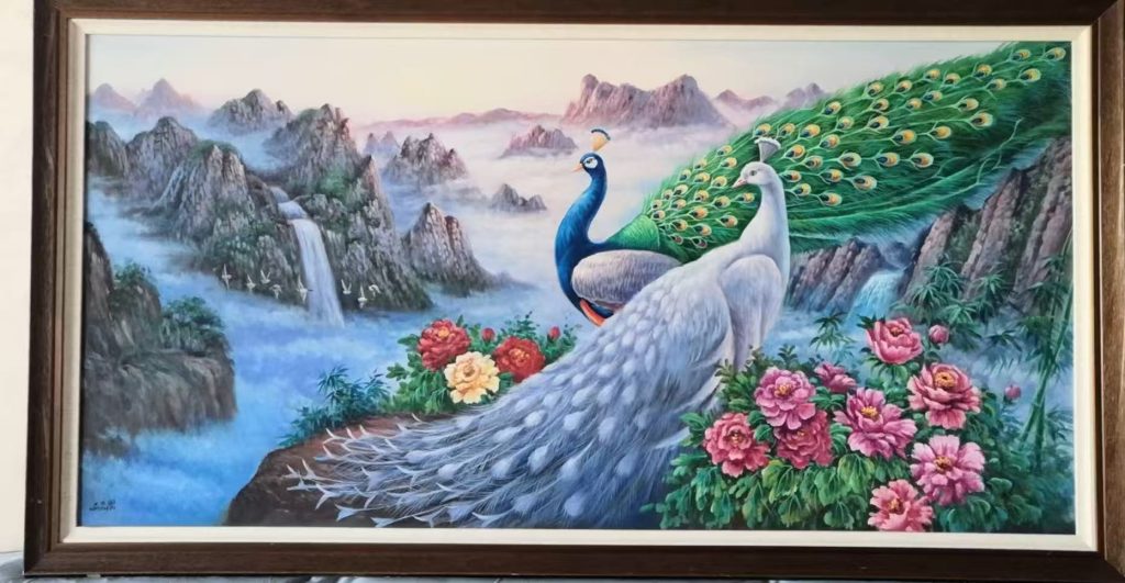 图片[1]-王东圃《孔雀山水》油画-嘉诚艺术