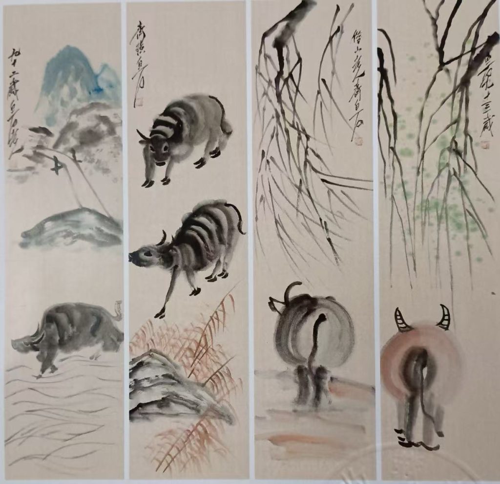 图片[1]-齐白石《五牛图》四条屏-嘉诚艺术