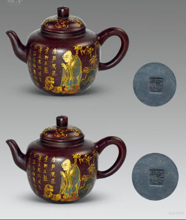 清乾隆《人物加彩满绘描金伏虎罗汉》紫砂壶   一对-嘉诚艺术