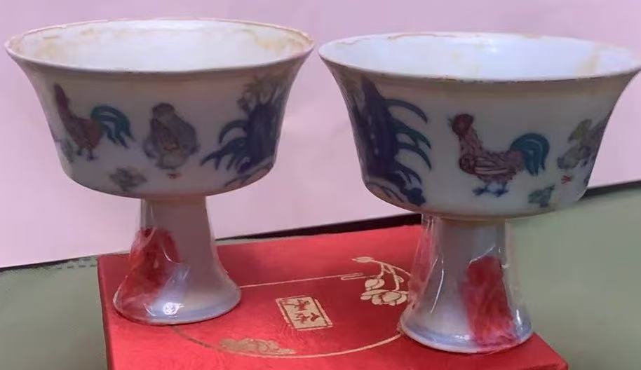 成化年制《斗彩姹紫鸡缸高足杯》一对-嘉诚艺术