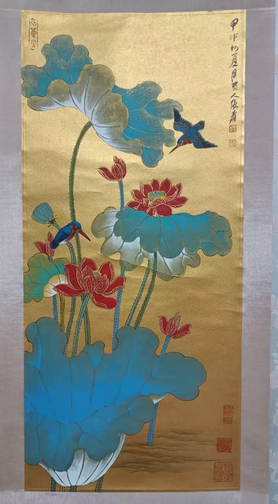 图片[1]-张大千《金箔荷塘花鸟图》-嘉诚艺术
