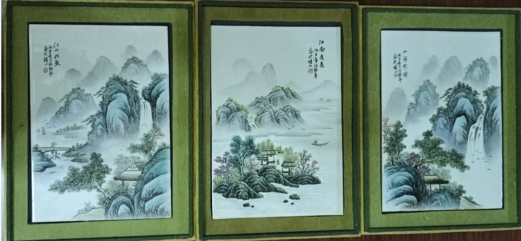 图片[1]-汪野亭《山水图》瓷板画*3-嘉诚艺术