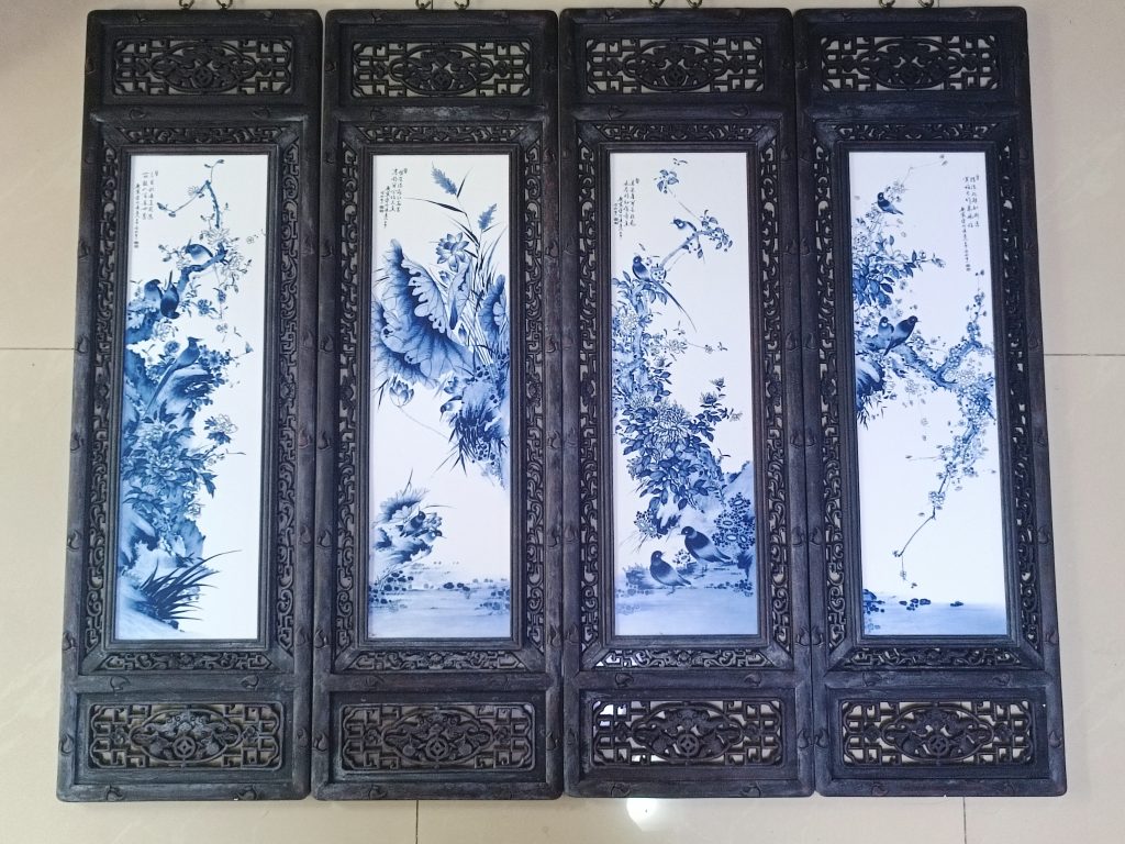 图片[1]-王步《花鸟图》瓷板画四条屏-嘉诚艺术
