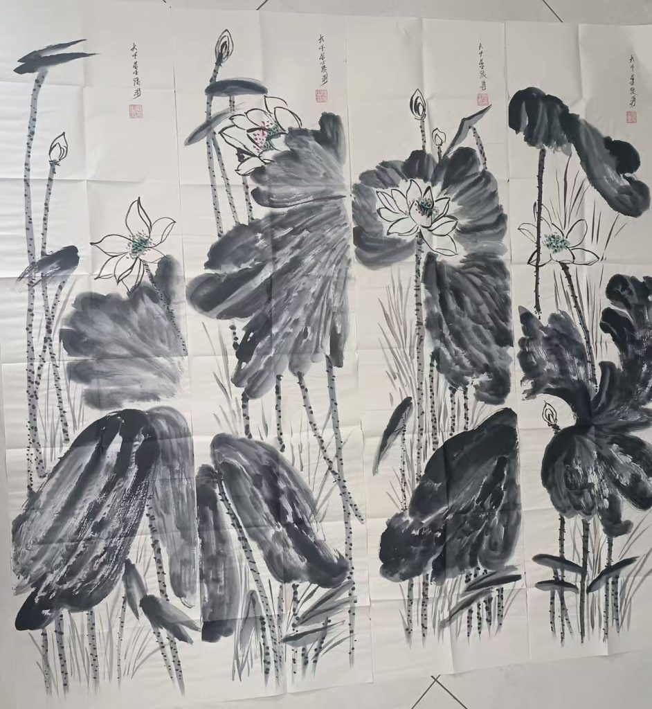 图片[1]-张大千《荷花图》四条屏-嘉诚艺术