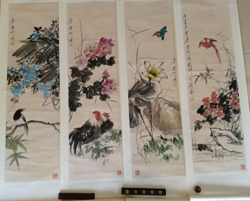 图片[1]-唐雲《写意花鸟》四条屏-嘉诚艺术