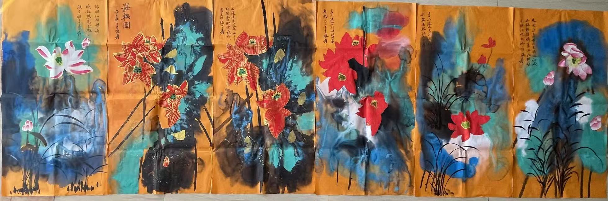 张大千《泼彩荷花图》六条屏-嘉诚艺术