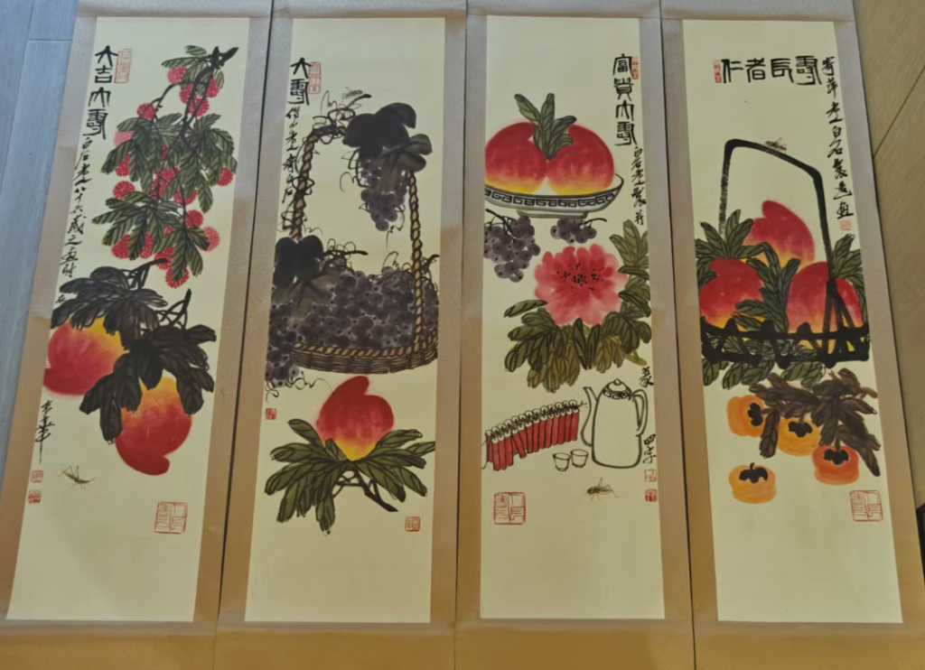 图片[1]-齐白石《多寿图》四条屏-嘉诚艺术