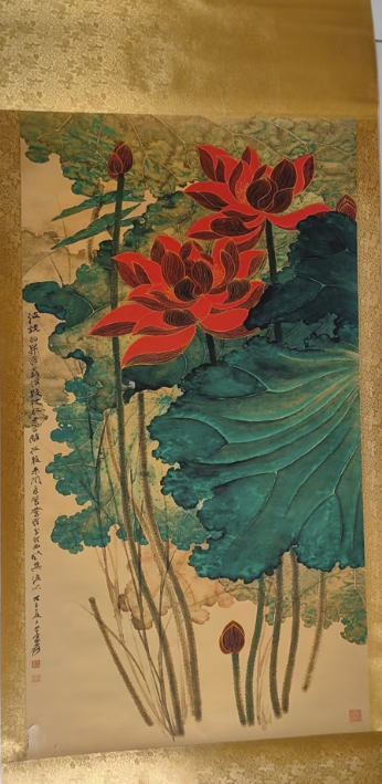 张大千《描金荷花图》-嘉诚艺术