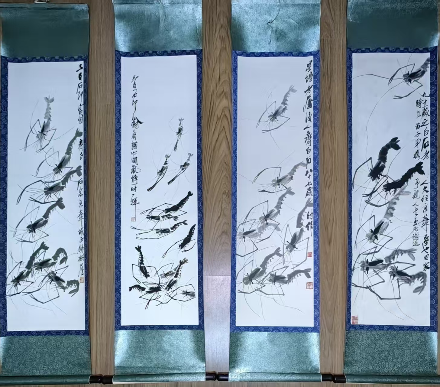 齐白石《墨虾图》四条屏-嘉诚艺术