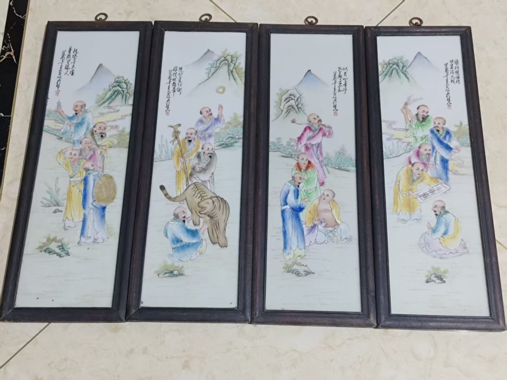 图片[1]-王大凡《十八罗汉粉彩瓷板画》四条屏-嘉诚艺术