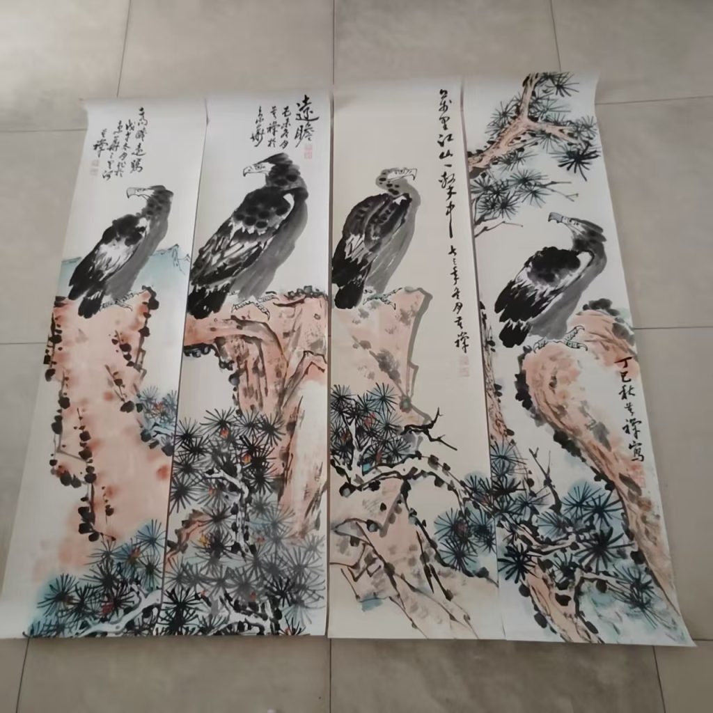 图片[1]-李苦禅《苍鹰》四条屏-嘉诚艺术