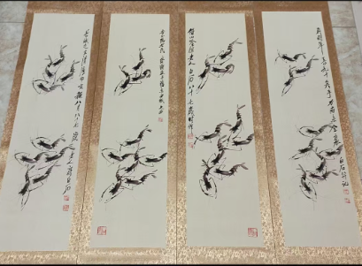 齐白石《墨虾图》四条屏-嘉诚艺术