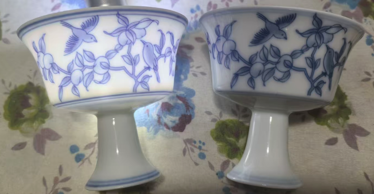 成化年制《青花薄胎花鸟高脚杯》一对-嘉诚艺术