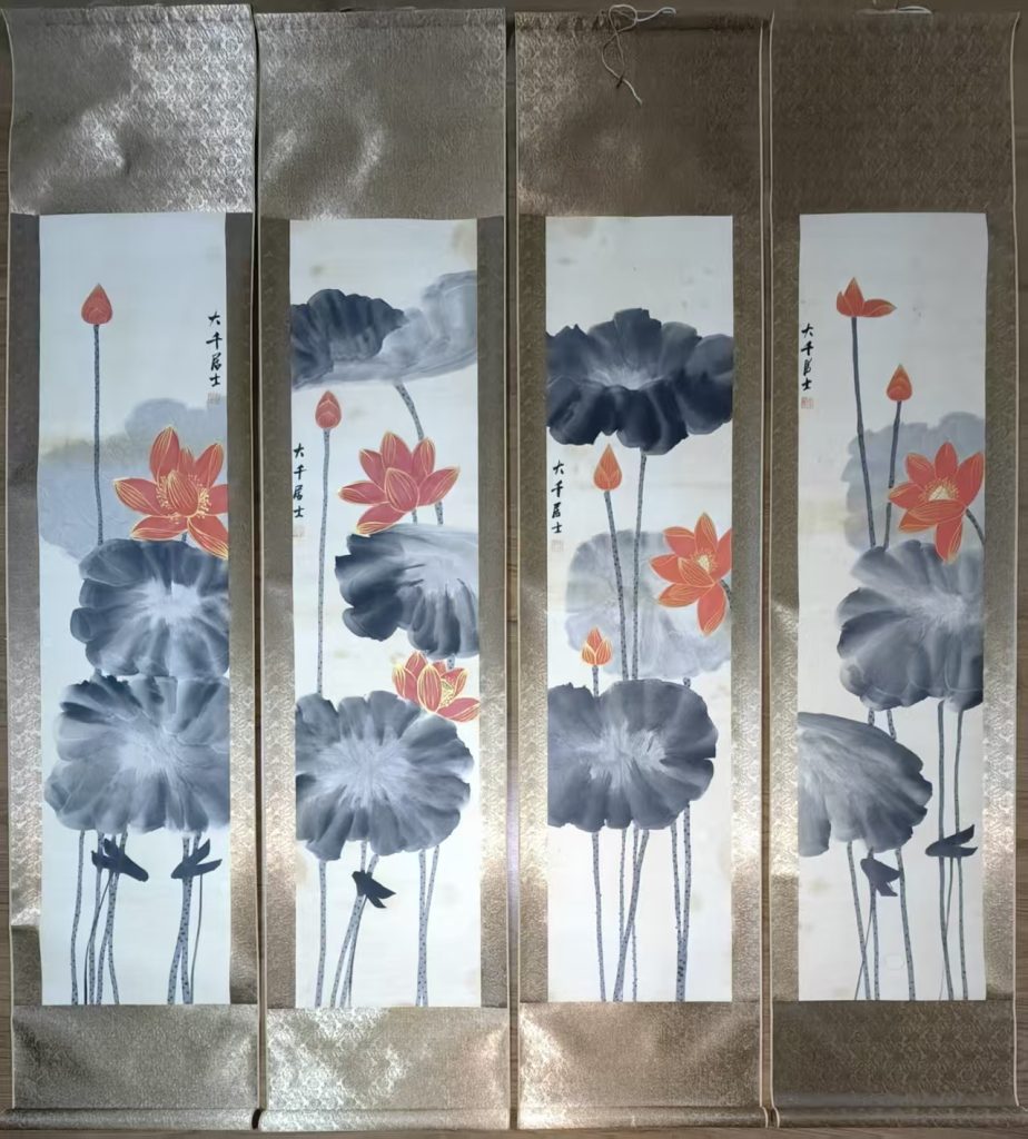 图片[1]-张大千《荷花清趣》四条屏-嘉诚艺术