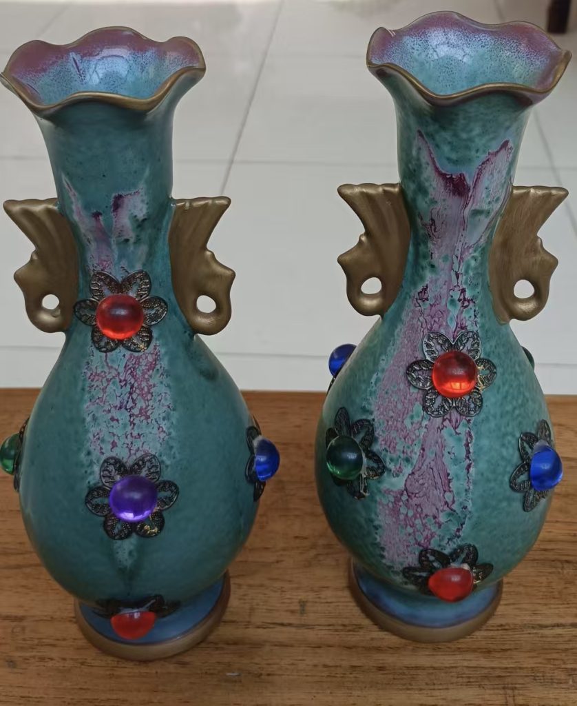 图片[1]-窑变釉嵌宝荷花口双耳瓶（一对）-嘉诚艺术