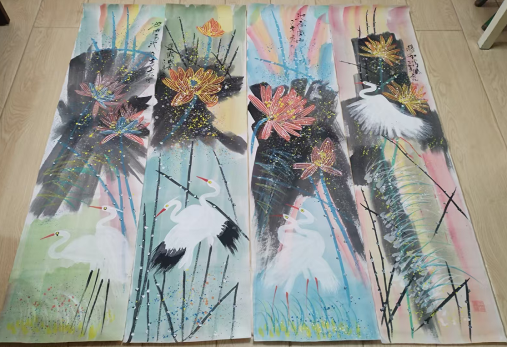 图片[1]-张玉宏《池荷戏雨》四条屏-嘉诚艺术