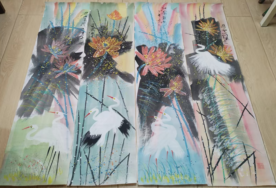 张玉宏《池荷戏雨》四条屏-嘉诚艺术