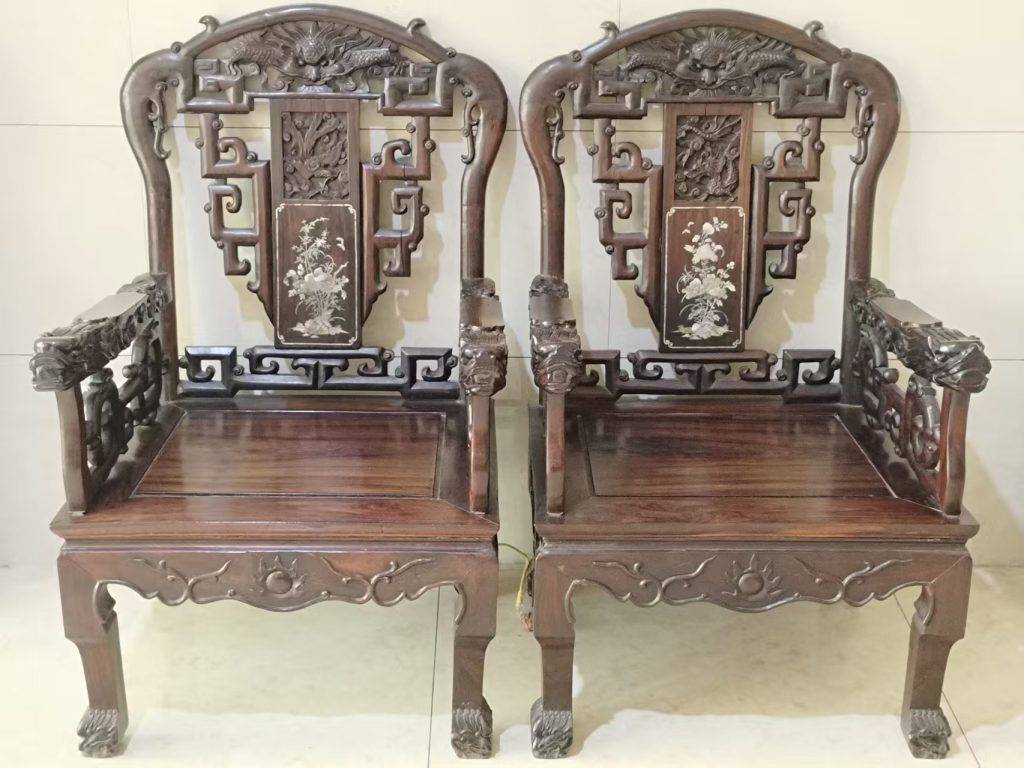 图片[1]-清《海南黄花梨紫油梨龙凤皇宫椅》一套-嘉诚艺术