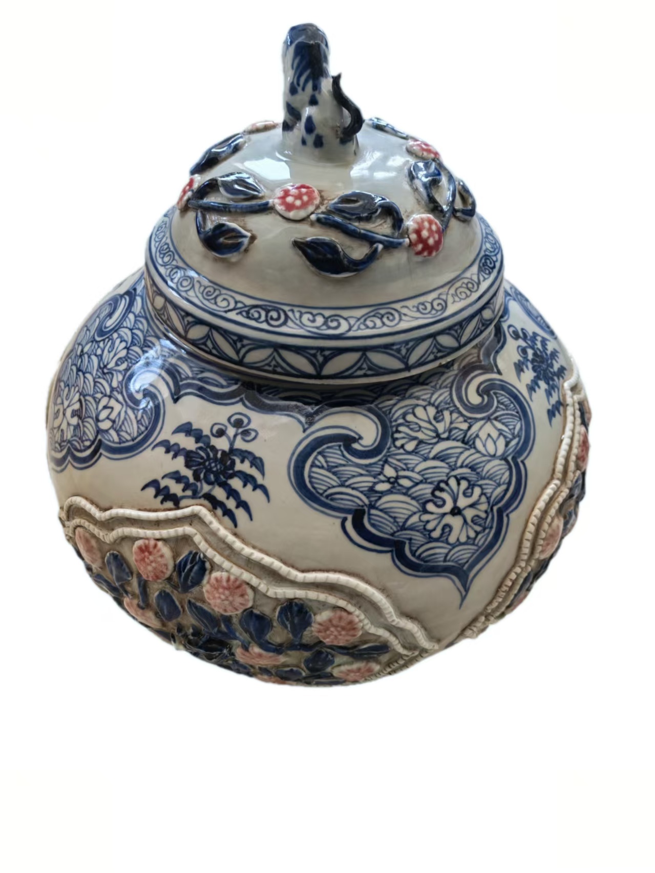 元青花《釉里红堆塑花卉纹罐》-嘉诚艺术