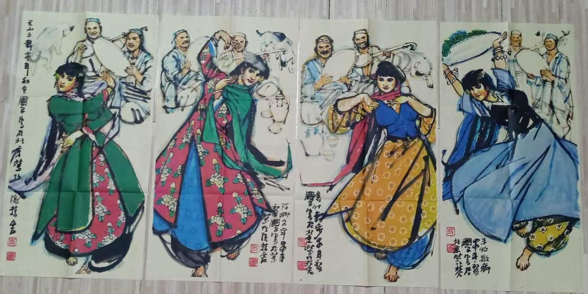 史国良《丰收歌舞》四条屏-嘉诚艺术